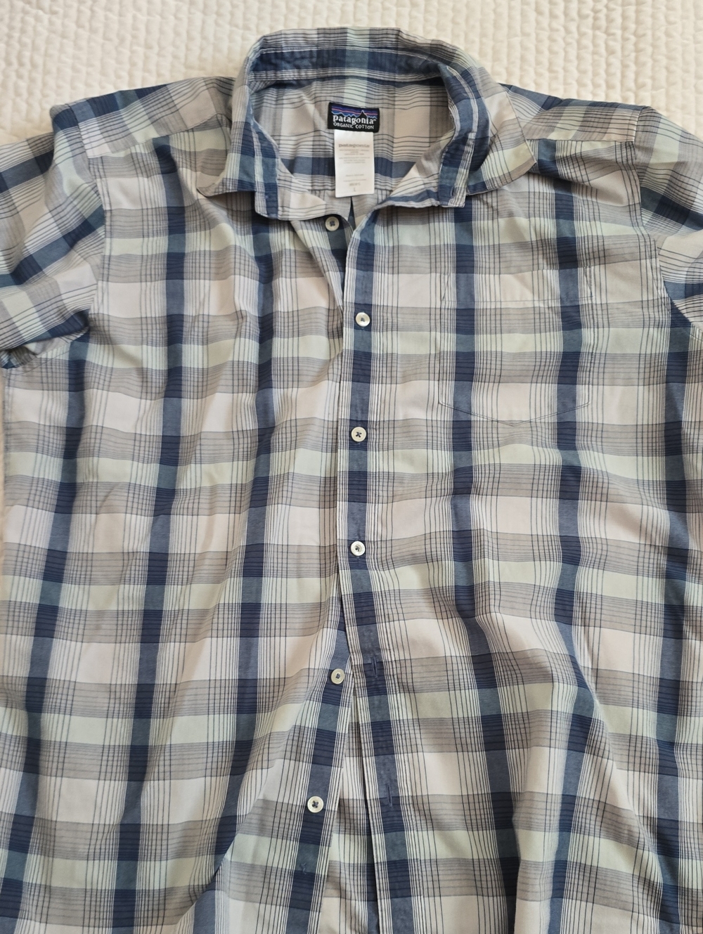Patagonia Men's Navy and White Plaid Button-Down Shirt